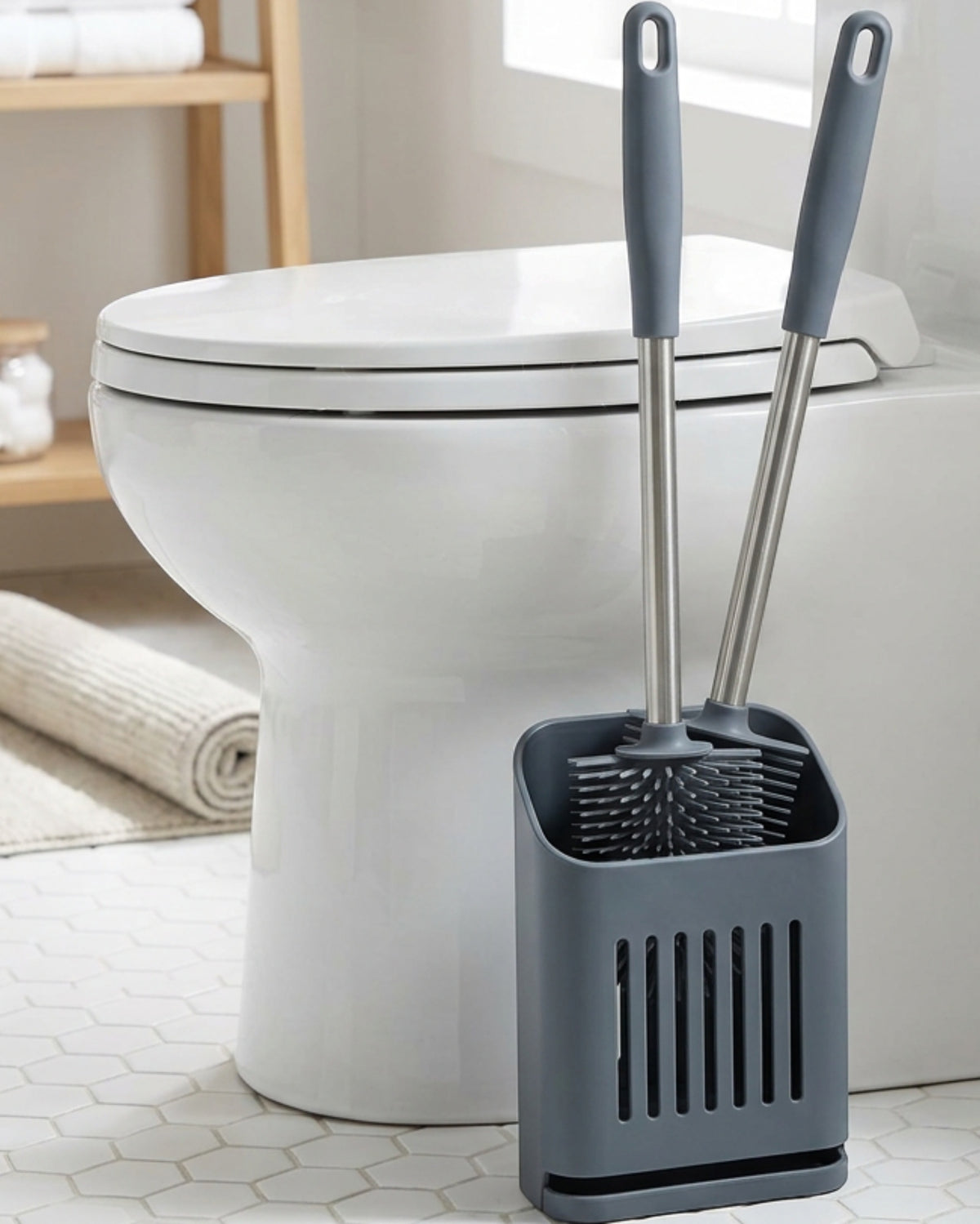 Zflos Flat Silicone Toilet Brush with Ventilated Holder Slate - Lifestyle view