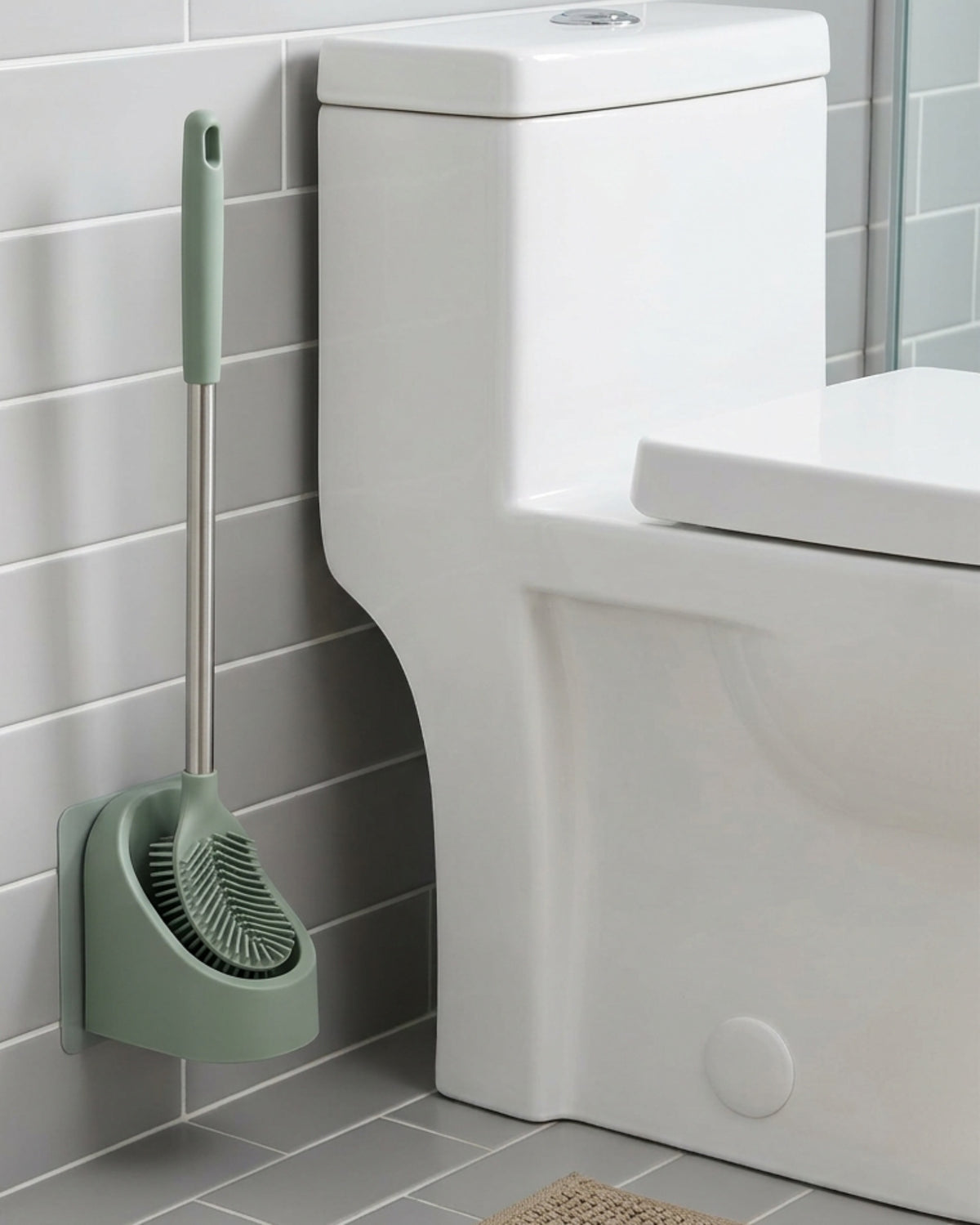 Zflos Curved-Rim Silicone Toilet Brush with Dual-Mount Base Sage - Lifestyle view