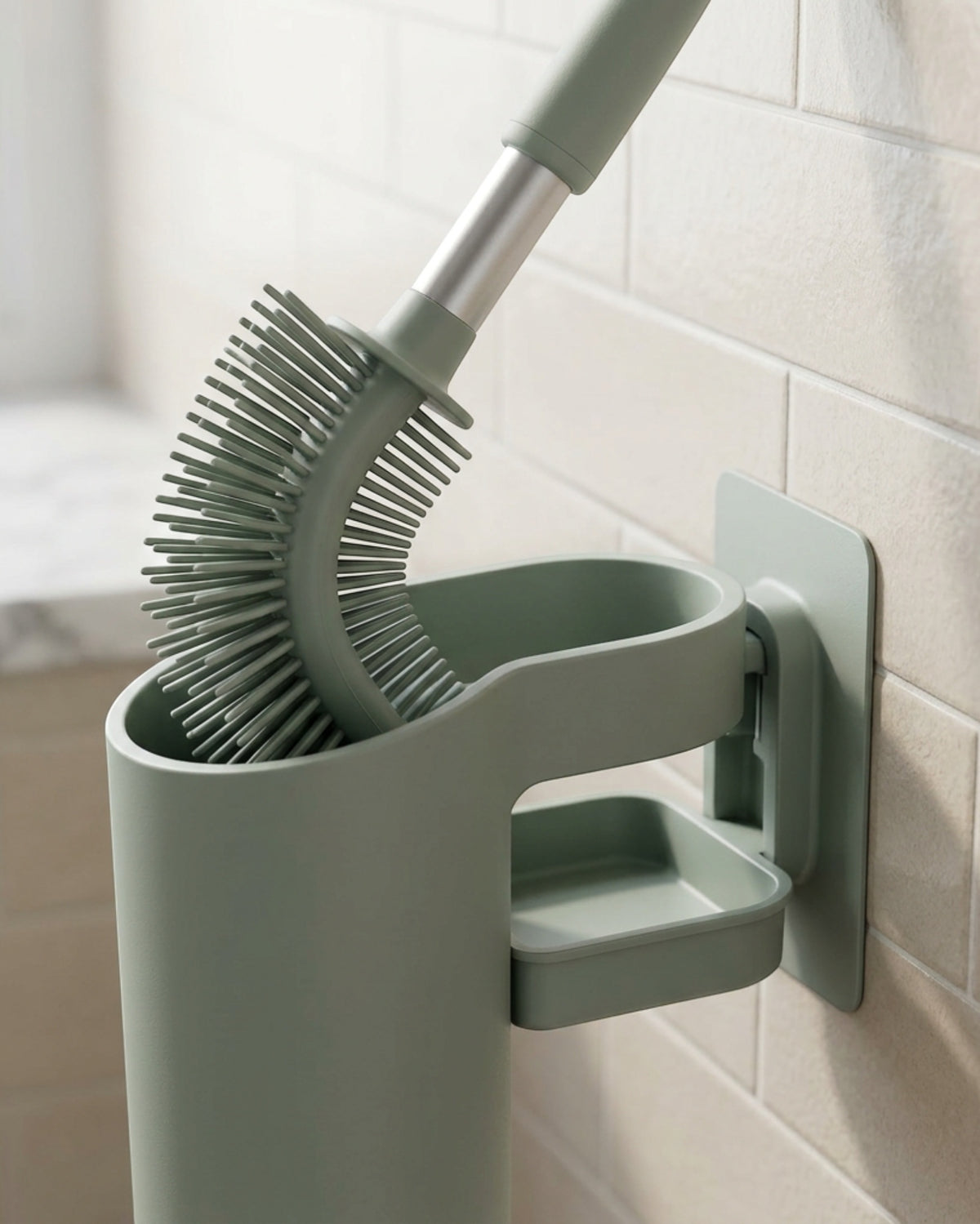 Zflos Curved-Rim Silicone Toilet Brush with Dual-Mount Base Sage - Detail view